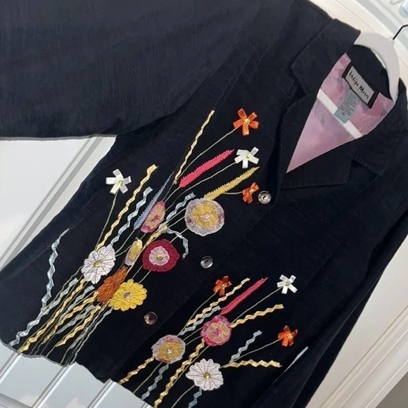 Vintage black floral wearable art blazer jacket sz XL boho hippie mixed media - Picture 6 of 9